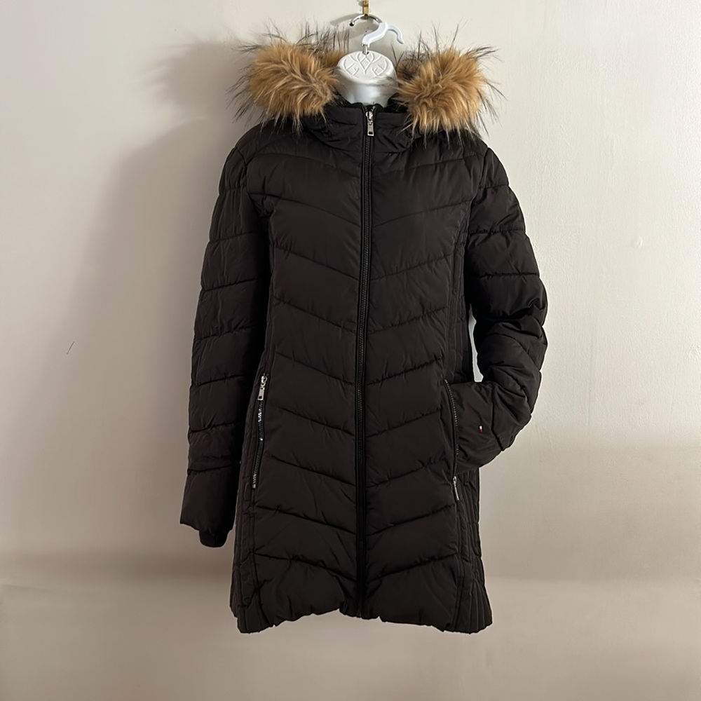 Women’s Large Tommy Hilfiger Black Hooded Parka Puffer Coat with Fur Collar